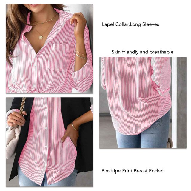 Chemisier Cardigan Décontracté à Col à Revers et Rayures pour Femmes Automne avec Boutons Manches Longues Poche Poitrine
