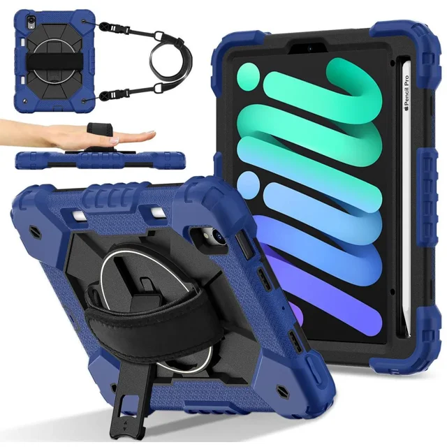 Case for iPad Mini 7 A17 Pro 2024 / iPad Mini 6 2021 8.3 Inch with Rotating Stand Pencil Holder Hand/Shoulder Strap, Heavy Duty Shockproof Protective Cover for iPad Mini 7th/6th Generation 8.3"