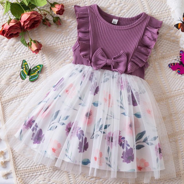 TopLLC Robe à Manches Courtes à Col Rond Filles Été Nouvelle Robe à Manches Courtes Robe Princesse en Gaze Imprimée Robe d'Anniversaire Robe Robe Fille