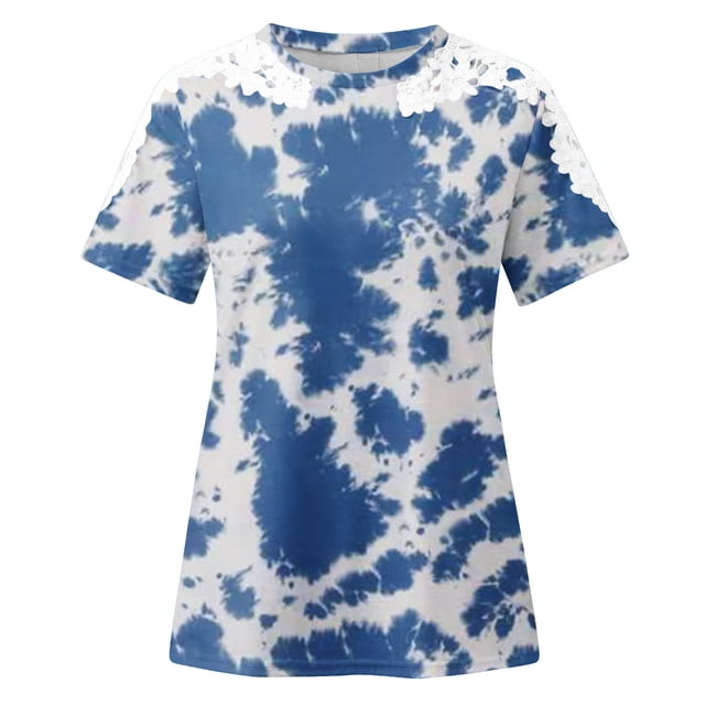 TopLLC Women's Plus Size Tops Short Sleeve Crewneck T Shirt Loose Fit Lace Stitching Shirts Solid Hollow Out Ruffle Tunic Tops