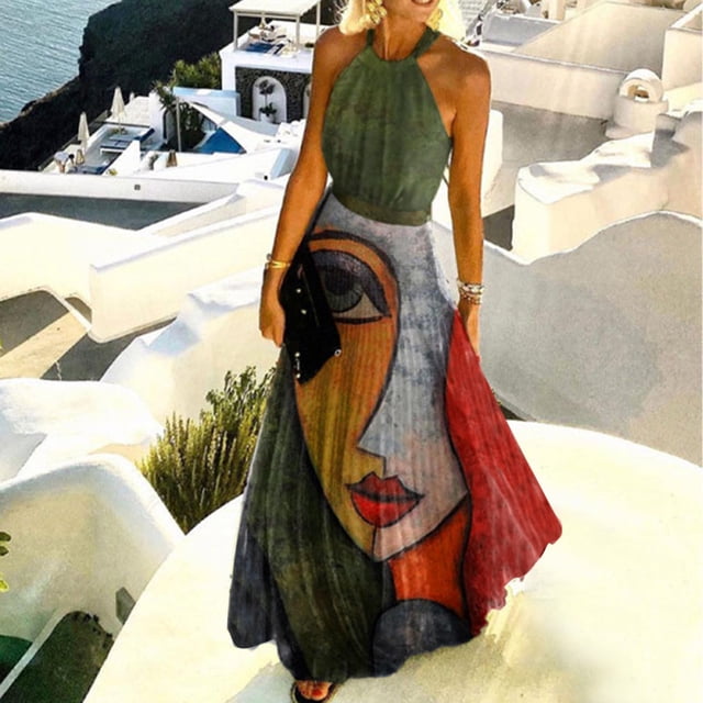 SMihono Robe Maxi Bohème d'Été pour Femmes Grande Taille Mode Décontractée d'Été Sans Manches à Col Rond Robe Imprimée à Col Licou à Fermeture Éclair Robe pour Femme Longue Plissée Robes Plage Évasée Robe d'Été