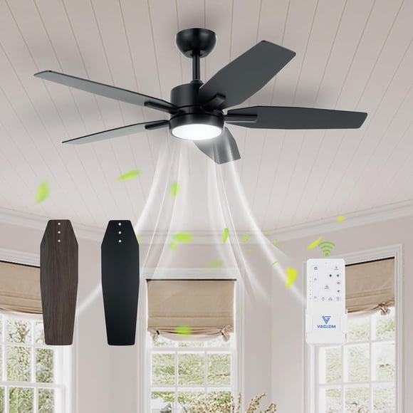 VAGIZM 52 Inch Ceiling Fan with Light - 5 Blades Ceiling Fan for Living Room and Bedroom - 5000 CFM Max Airflow - Quiet DC Motor - Dimmable - Reversible Function - Black