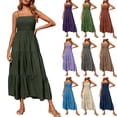thumbnail image 1 of Jovati Robe Maxi Bohème à Bretelles Spaghetti Smockée à Étages pour Femmes, Robe de Plage Soleil Unie Sans Manches, Polyester Léger, Encolure Carrée, Taille Élastique, Longueur Longue Fluide, 1 of 10