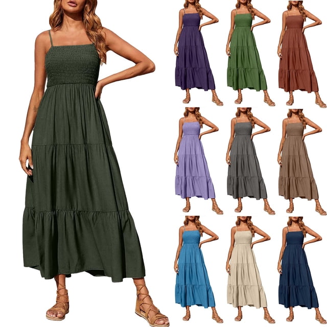 Jovati Robe Maxi Bohème à Bretelles Spaghetti Smockée à Étages pour Femmes, Robe de Plage Soleil Unie Sans Manches, Polyester Léger, Encolure Carrée, Taille Élastique, Longueur Longue Fluide