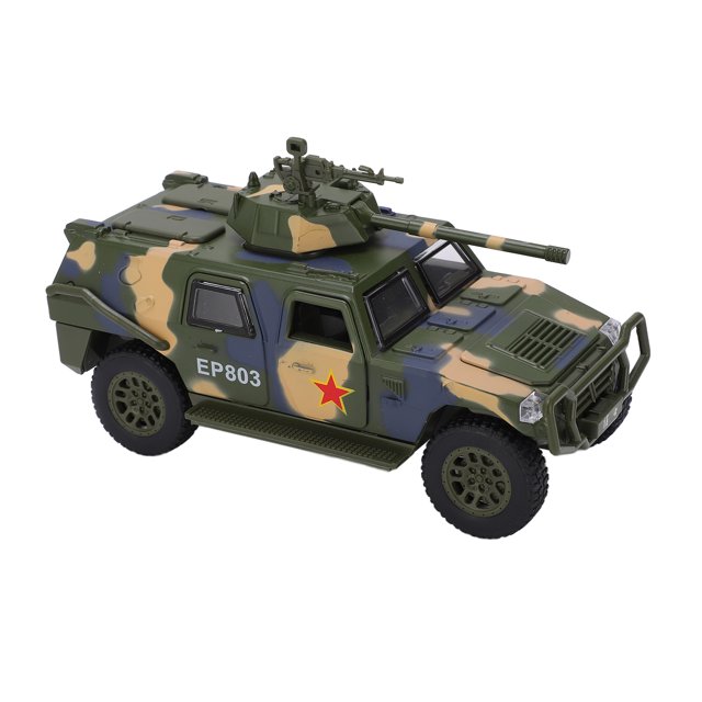 1:32 Alloy Military Alloy Model Car in camouflage green, featuring a zinc alloy and ABS body with a multi-joint movable design. The toy truck includes a decorative spear and pull-back functionality for friction-powered movement. It measures approximately 155x70x78mm and is suitable for ages 6 and up. The model showcases detailed military styling with a mounted turret and EP803 markings.