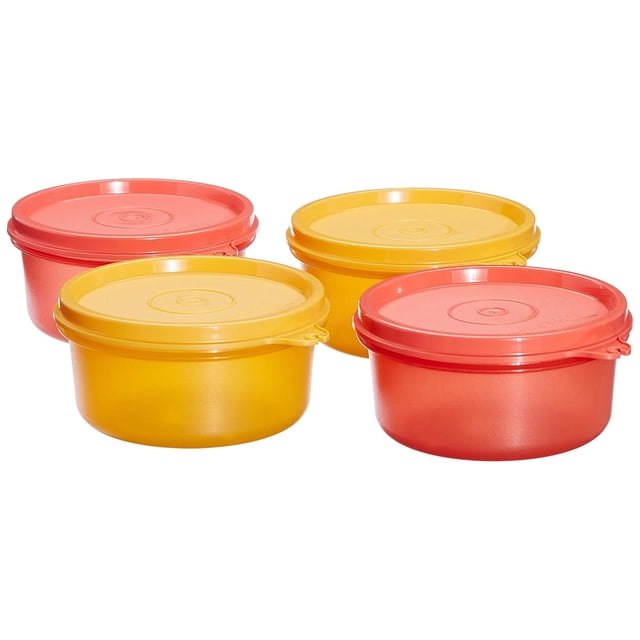 Tupperware Tropical Twin Lunch Box Bowl Airtight Container, plastic, Pack of 4 Sets. The image shows four round plastic containers with airtight, spill-proof lids in vibrant yellow and orange colors. Each container has a 200ml capacity and features wide tabs for easy opening. The smooth interior walls ensure easy cleaning, and the raised rims on the lids allow for secure stacking.