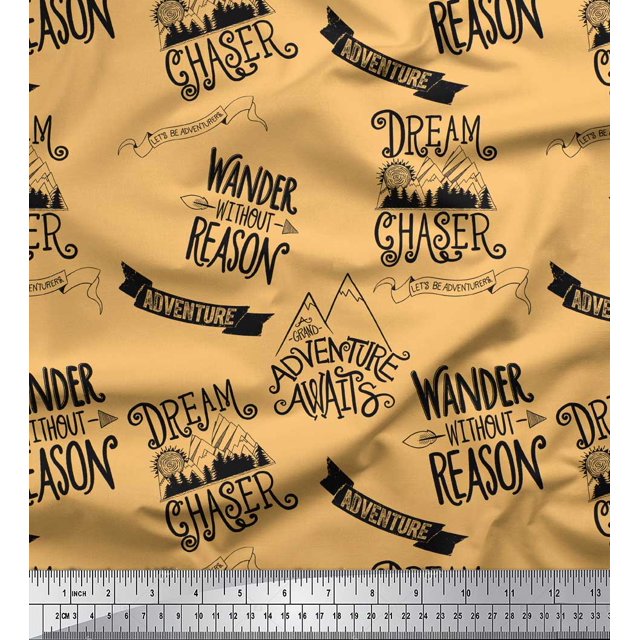 Soimoi Orange Silk Fabric Dream Chaser Text Print Sewing Fabric Yard 42 Inch Wide