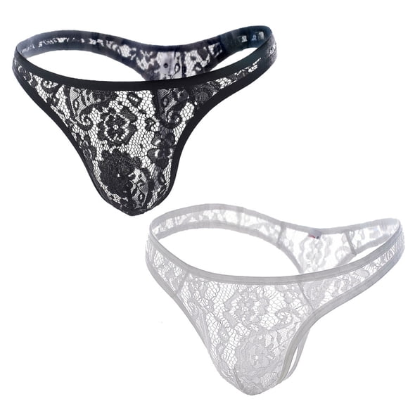 Mens 2 Colors Pack Sexy Briefs Cool Lace Thong Mesh G-Strings Bikini Underwear Clothing Dress Gift For Boyfriend Husband