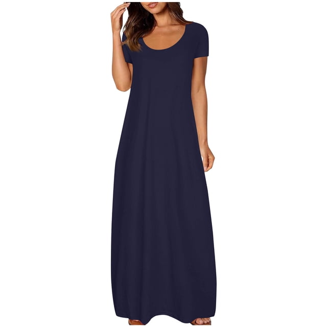 LOVZFMLL Robes pour Femmes Col Rond Uni Manches Courtes/sans Manches Robes Débardeur d'Été Décontractées Amples Plage Maxi Robes Soleil Bleu Foncé B TTG