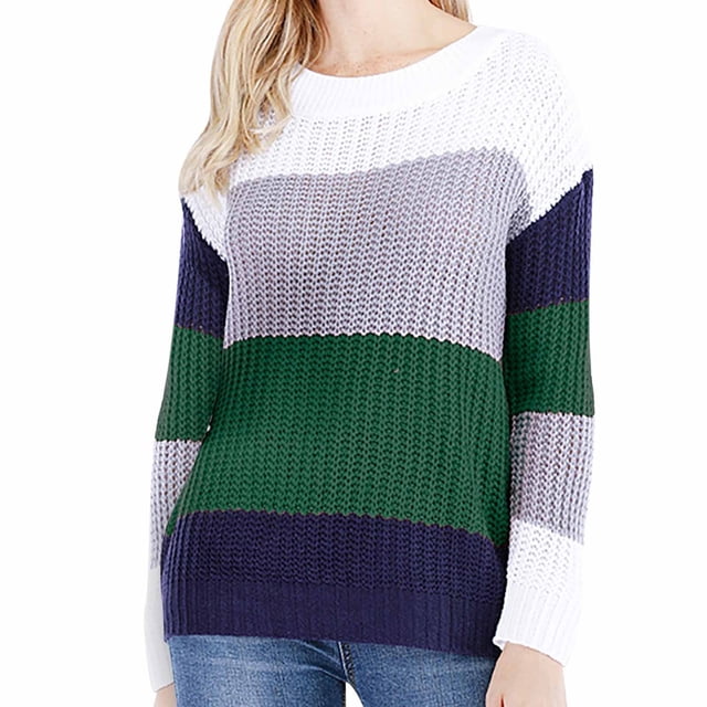 Tenues d'Automne pour Femmes Mode pour Femmes Manches Col Rond Agencement de Couleurs Hauts Amples Blouse Chandail Tricoté Chandails pour Femmes Automne P-207 Vert P