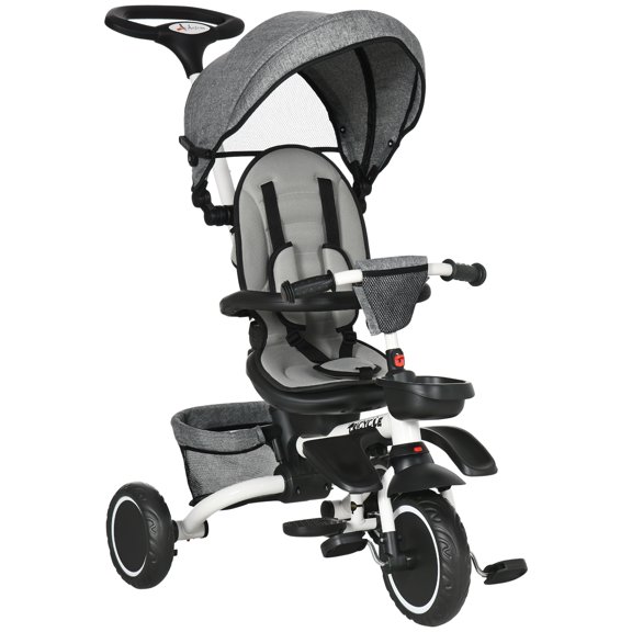 Aosom Tricycle 6-en-1 pour Tout-Petits de 12 à 50 Mois, Tricycle Pliable pour Enfants avec Siège et Poignée de Poussée Réglables, Harnais de Sécurité, Auvent Amovible, Repose-Pieds, Gris