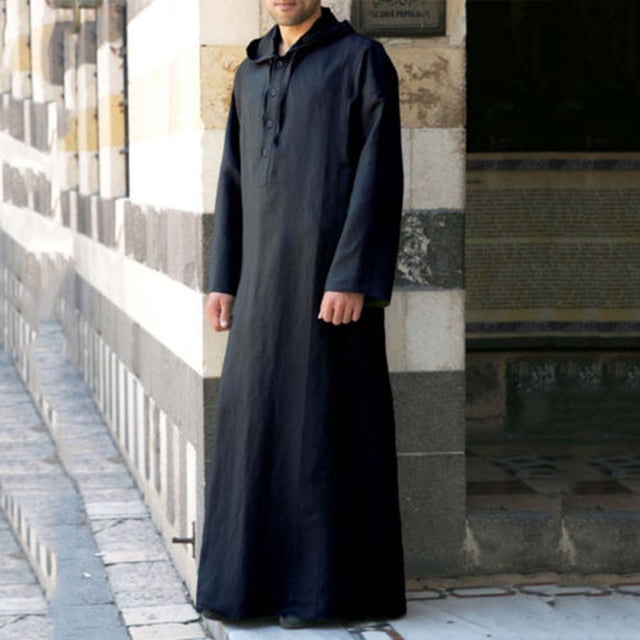 Aqestyerly Men's Arab Robe Set Muslim Style Long Sleeve Hooded Button Casual Traditional Robe Outfit HWRETIE