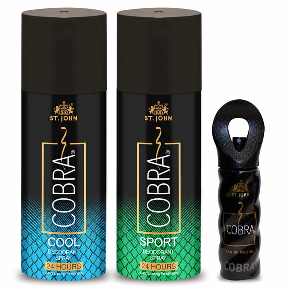 St. John Cobra Perfume Body Spray For Men & Women | 24 Hours Long Lasting Fragrance Combo Deo - Cool + Sports Deodorant Pack Of 2 X 5.07 Fl.oz. + Eau De Parfum 0.5 Fl.oz. | 24 Hours Long Lasting