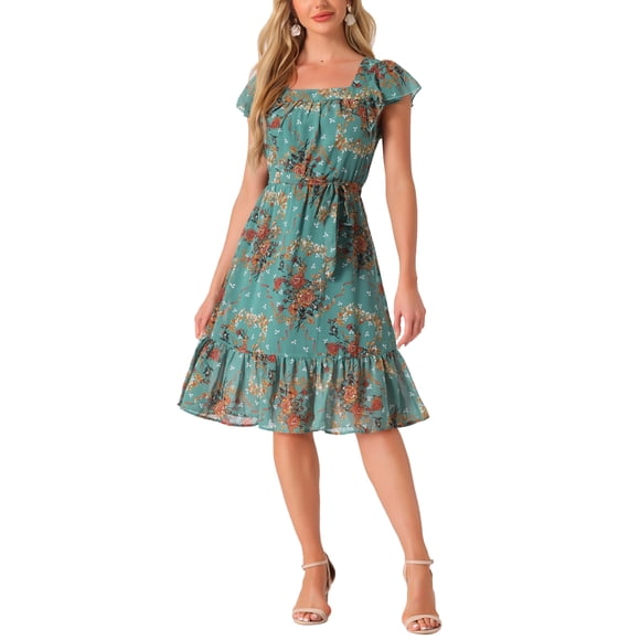 INSPIRE CHIC Women's Dress Floral Square Neck Flutter Cap Sleeves Ruffled Midi Wedding Guest Dress Dark Green M