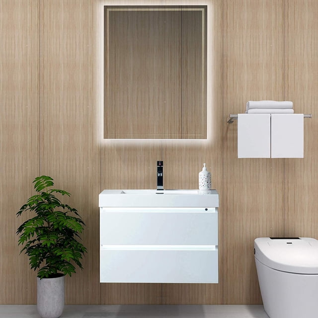 Vanity Art 30 Inches LED Single Sink Wall Mounted Bathroom Vanity Set 2 Drawers Storage Cabinet White Engineered Top Undermount Rectangle Sink