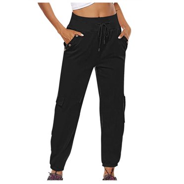 Joggers Pants Women High Waisted Cargo Pant with Pockets Button Drawstring Elastic Waist Polyester Athletic Sweatpants Casual Slim Leg Cropped Pants