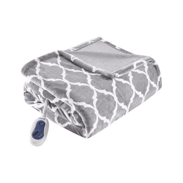 Home Essence Apartment Heated microlight to teddy fleece throw folded with gray and white geometric pattern, showing plush teddy fleece reverse and attached white and blue controller with 3 heat settings and 2-hour auto shut off, oversized and machine washable for warmth and comfort.