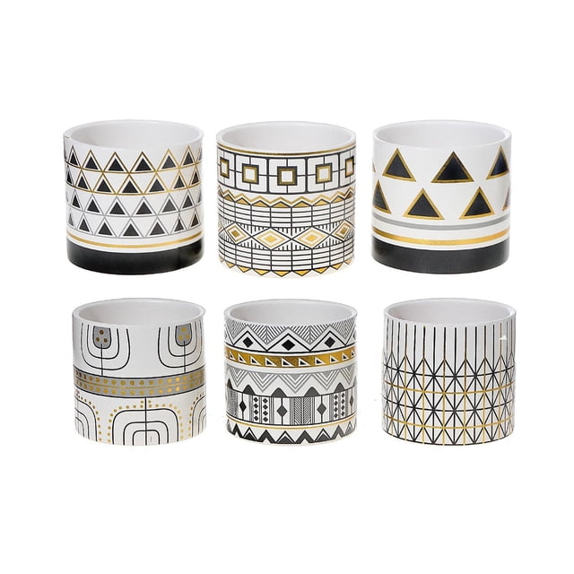 IH Casa Decor Ceramic Round Planters Modern Edge 6/Disp - Set of 6 white ceramic round planters with abstract black and gold geometric patterns including triangles, squares, and lines, measuring 4 inches in diameter and height, ideal for indoor and outdoor garden decoration and suitable for organizing small household items.