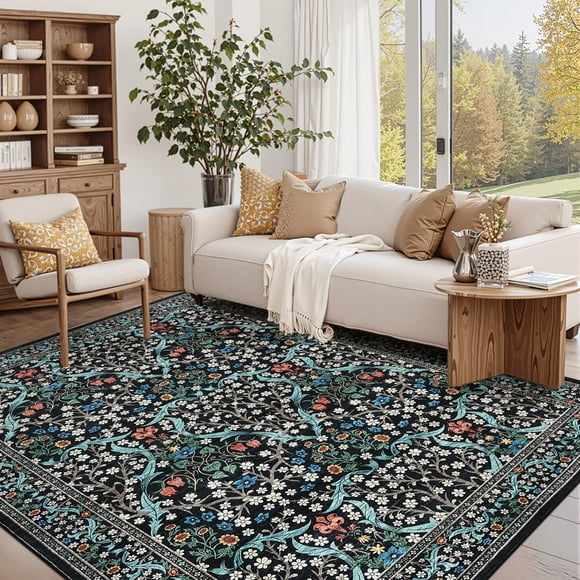Tapis 9x12 Noir Tapis de Salon Lavable Antidérapant à Motif Floral Tapis de Chambre Intérieur Style Ferme Grand Tapis pour Salle à Manger à Poils Courts Couvre-Plancher Botanique pour Maison Bureau