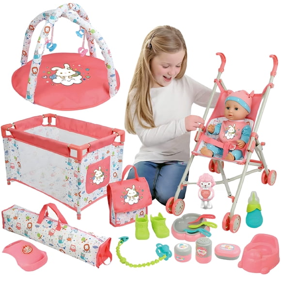 Liberty Imports Kids 18-Piece Newborn Talking Baby Doll Stroller Nursery Role Play Set w/ Playpen, Play Mat, Potty Training, Accessories (14" Doll In