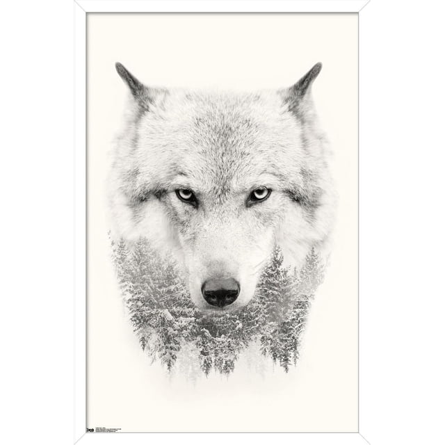 Wolf - Trees Wall Poster, 22.375" x 34" featuring a centered, front-facing close-up of a wolf's head with detailed gray and white fur and piercing eyes, blending into a monochrome snowy evergreen forest at the lower face, printed on glossy paper suitable for home or office wall décor.