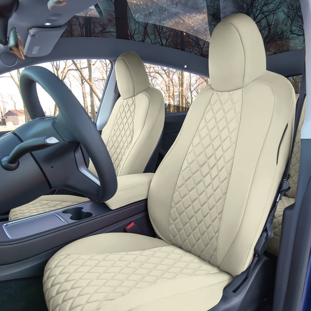 For 2020-2024 Tesla Model Y FH Group Waterproof Neoprene Custom Fit Made Car Seat Covers - Front Set Solid Beige