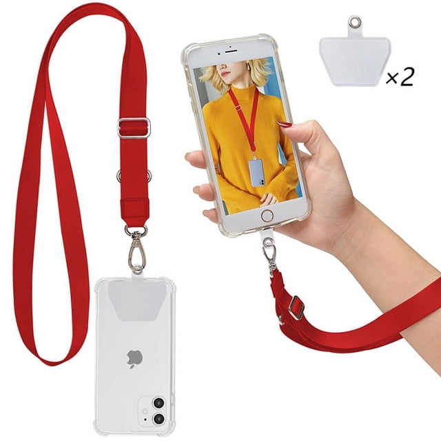 Phone lanyard, neck strap, and wrist tether key chain holder by ZCtt in red, designed for universal compatibility with all smartphones. The set includes a red adjustable strap, a tether tab for secure attachment through the phone case's charging hole, and a clear phone case anchor. The image shows the lanyard attached to a smartphone, worn around the neck, and held in hand for convenience.