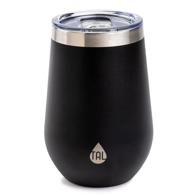 TAL Tumbler à Vin en Acier Inoxydable 12 fl oz, Noir avec Fini Mat et Bord en Acier Inoxydable, Couvercle en Plastique Transparent avec Fermeture Coulissante, Isolation à Double Paroi pour Boissons Chaudes Ou Froides, Sans BPA, Convient aux Événements Extérieurs et aux Pique-Niques.