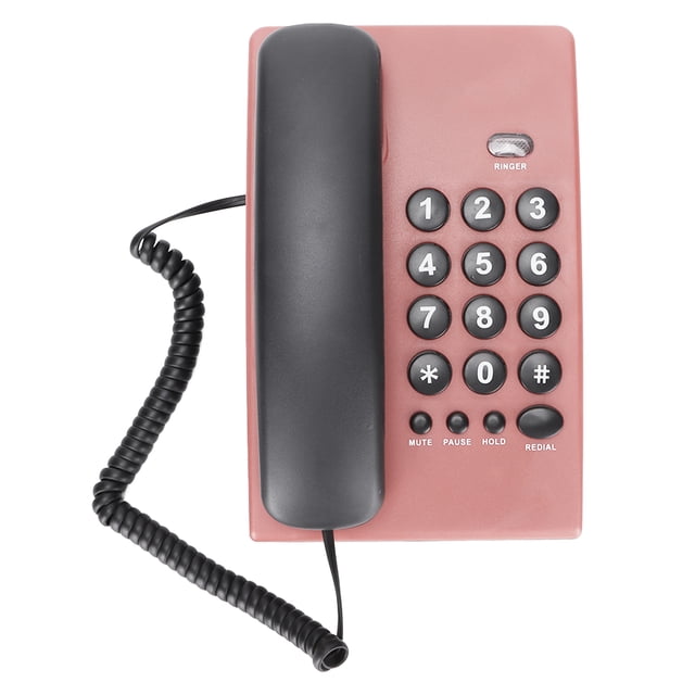 Corded Telephone, model KX-T504, featuring a red ABS body with black handset and coiled cord. The phone includes a numeric keypad with two-colour buttons, mute, pause, hold, and redial functions. Designed for home or office use, it has a battery-free design and supports last number redial. Approximate dimensions are 200 x 130 x 70mm.