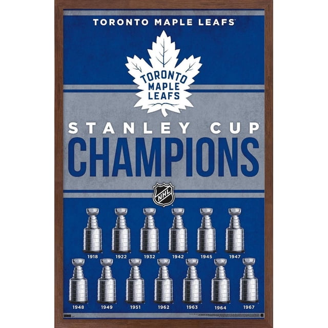 LNH Maple Leafs de Toronto - Affiche Murale Champions 23, 22,375 Po x 34 Po, Affiche Encadrée Bleue et Grise avec le logo Maple Leafs de Toronto Blanc, Texte Audacieux de la Tasse Stanley Champions, et 14 Trophées Argentés de la Tasse Stanley Étiquetés avec les Années 1918 à 1967 en Deux Rangées, Idéal pour la Déco de Chambre de fan de Sport.