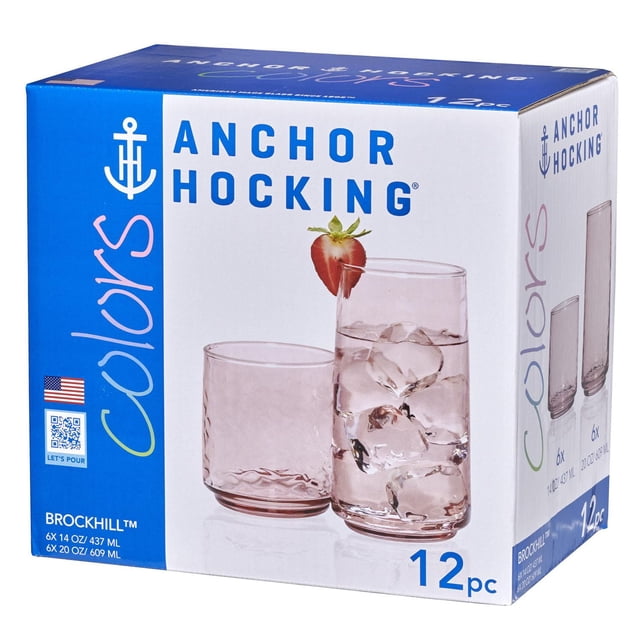 Anchor Hocking 12Pc Brockhill Rosewater Drinkware set with six 14-ounce and six 20-ounce clear pink tinted glasses featuring a hammered texture, one glass filled with ice and garnished with a strawberry, dishwasher safe and ideal for everyday use and entertaining.