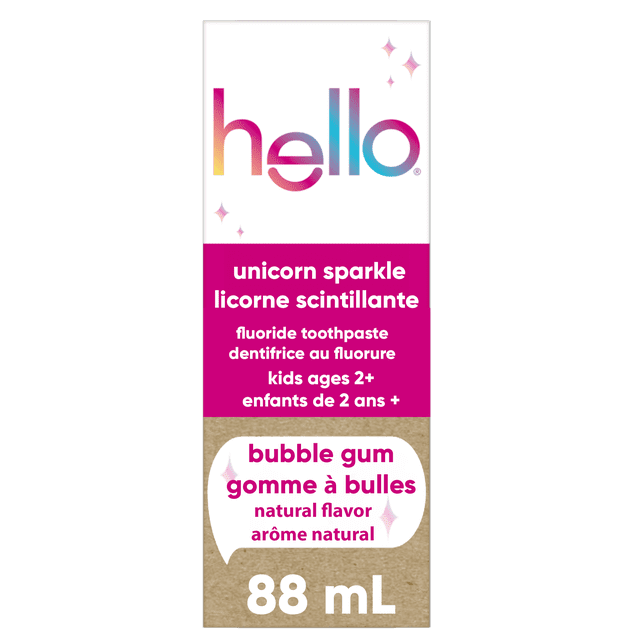 hello Unicorn Sparkle Dentifrice pour Enfants au Fluorure en tube de 88 ml, Dentifrice Saveur Naturelle de Gomme Balloune pour Enfants de 2 Ans et Plus, Conçu pour Aider à Prévenir les Caries et Favoriser les Soins Buccaux, avec Texte Bilingue Anglais et Français sur Fond Blanc et Papier kraft.