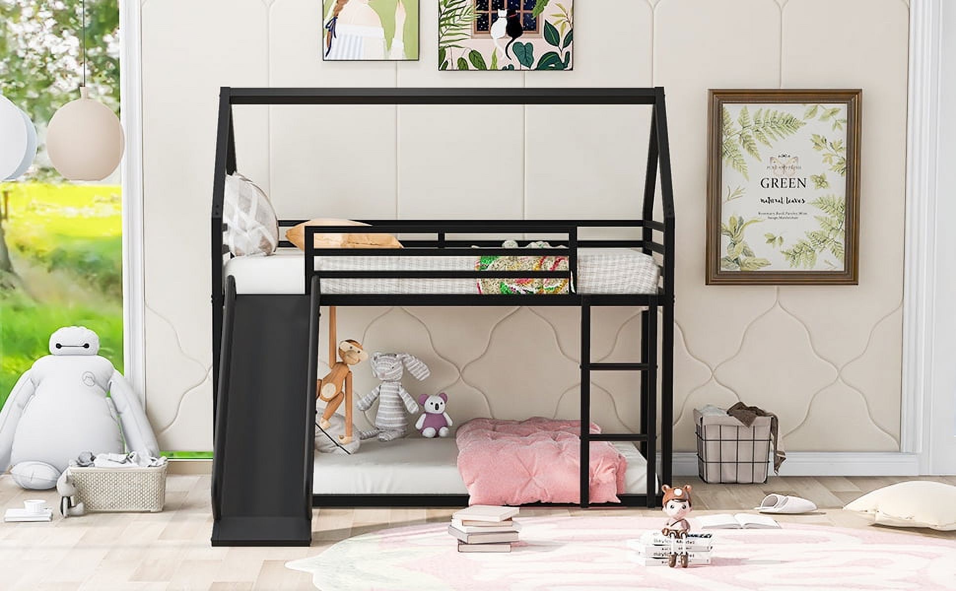 Noble House Twin over Twin House Bunk Bed with Ladder and Slide,Black