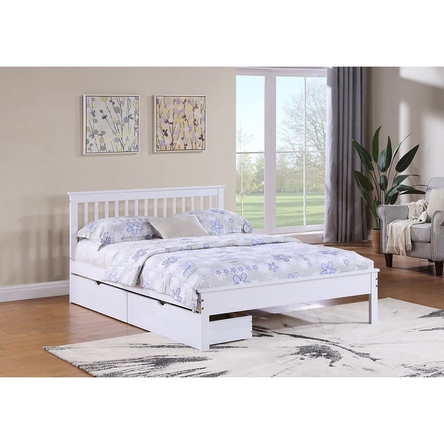 White Elegance Wood Bed with Storage Drawers - Double