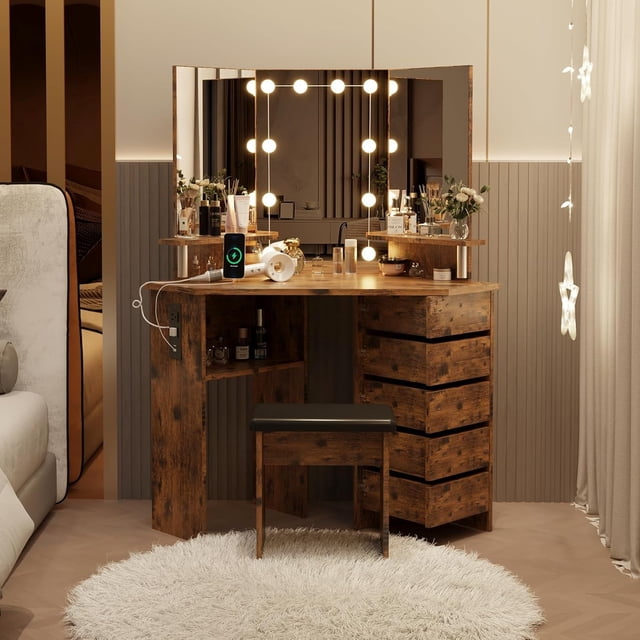 Yiwa Coiffeuse avec Miroir et Lumière, Coiffeuse avec Barre d'Alimentation et 5 Tiroirs Pivotants, Éclairage 3 Couleurs, Luminosité Réglable, Étagères et Tabouret, Table de Maquillage d'Angle pour Femmes et Filles