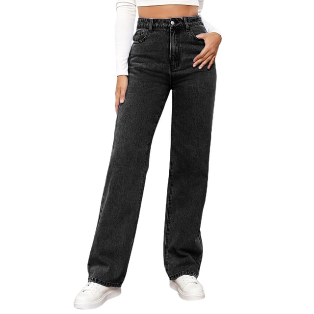 Bmisegm Women's Loose Fit Ripped Jeans in black, size S. These high-waisted jeans feature a solid black color with a washed and polished finish, button closure, and functional pockets. Made from durable polyester, the jeans have a relaxed fit with a ripped design for a casual, stylish look. Suitable for everyday wear, office, parties, or vacations. The model is shown wearing the jeans paired with a white cropped top and white sneakers.