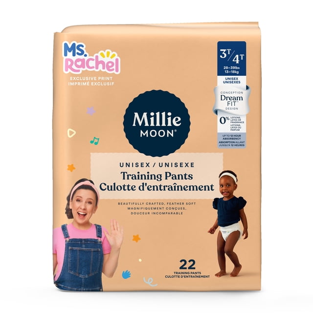 Millie Moon Ms Rachel Training Pants, Size 3T-4T, 22 Count package featuring unisex pull-up training pants with DreamFit™ waistband, CloudTouch™ softness, double leak guards, and up to 12 hours of leak protection on beige packaging with exclusive Ms Rachel print.