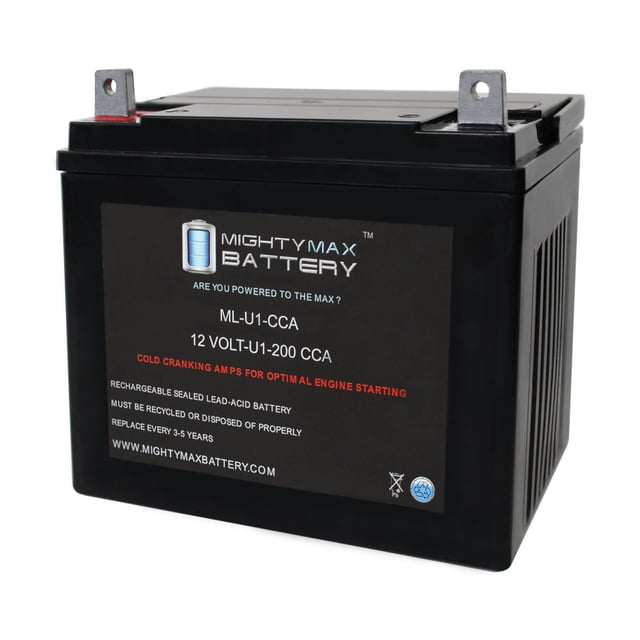 ML-U1 12V 200CCA Battery by Mighty Max Battery designed for MTD B560B Riding Lawn Tractor and Mower. This sealed lead-acid (SLA) battery features a spill-proof design, 200 cold cranking amps (CCA), and dimensions of 7.75 x 5.11 x 6.25 inches. It is rechargeable, resists shocks and vibrations, and performs well in high and low temperatures. The battery includes screws but does not come with a wire harness or mounting accessories.