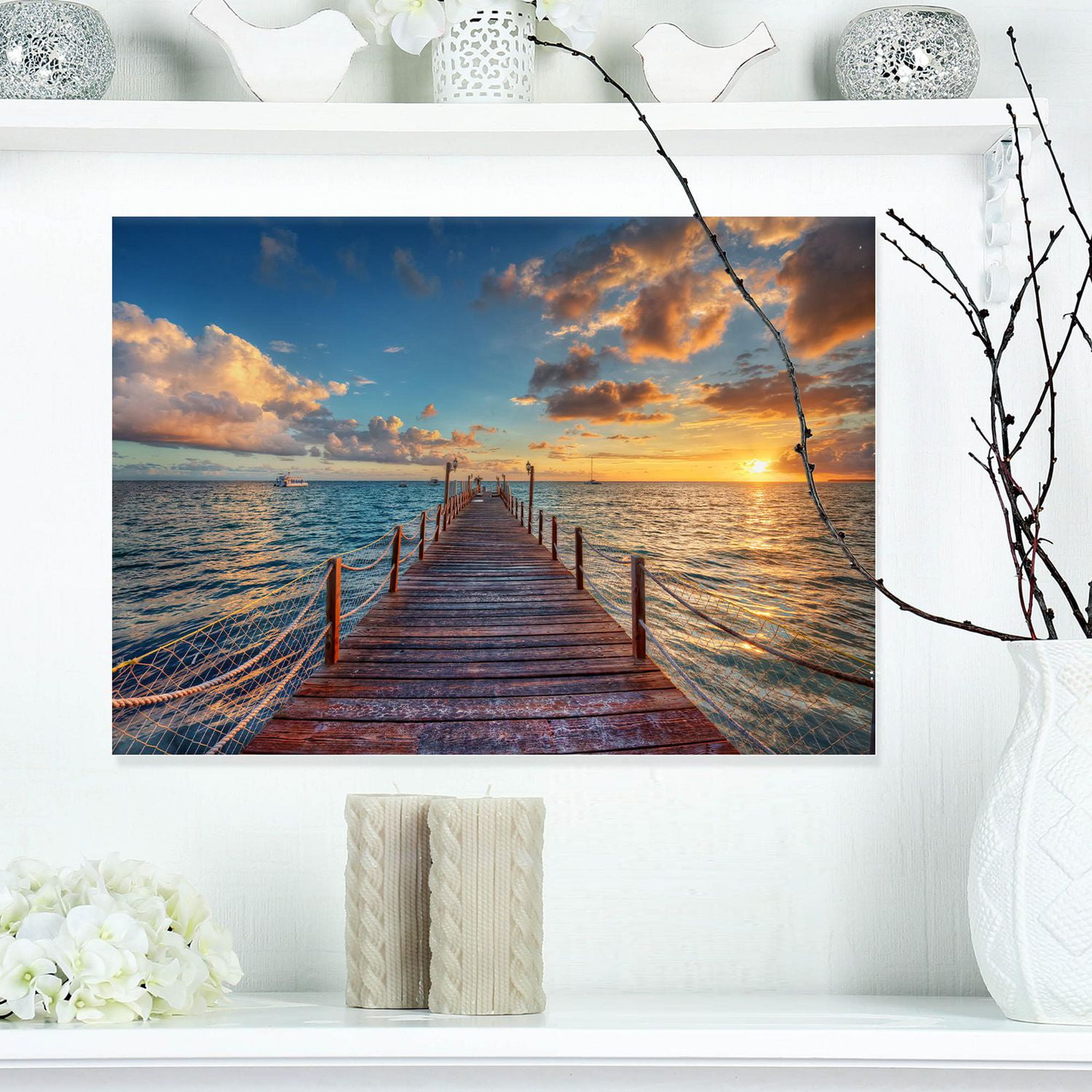 Designart Lever de soleil brillant sur la jetée de la mer Art mural sur toile