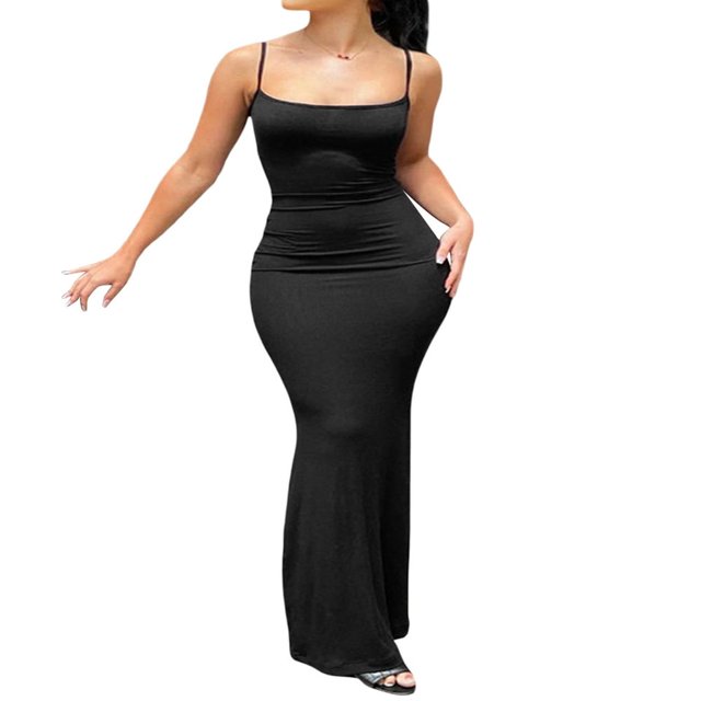 Robe Moulante Longue d'Été pour Femme à Bretelles Spaghetti, Encolure Carrée, Sans Manches, Ajustée