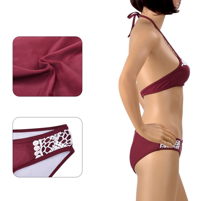 Fashion Women's Lace Splicing Halter Padding Tank Bikini Set, Wine