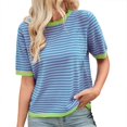 thumbnail image 1 of Fgnfyis un T-Shirt Tricoté à Manches Courtes et Col Rond avec un Design à Blocs de Couleur Rayés pour Femmes Hauts d'Été pour Femmes Vert TTG, 1 of 6