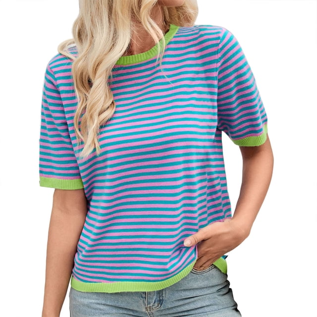 Fgnfyis un T-Shirt Tricoté à Manches Courtes et Col Rond avec un Design à Blocs de Couleur Rayés pour Femmes Hauts d'Été pour Femmes Vert TTG