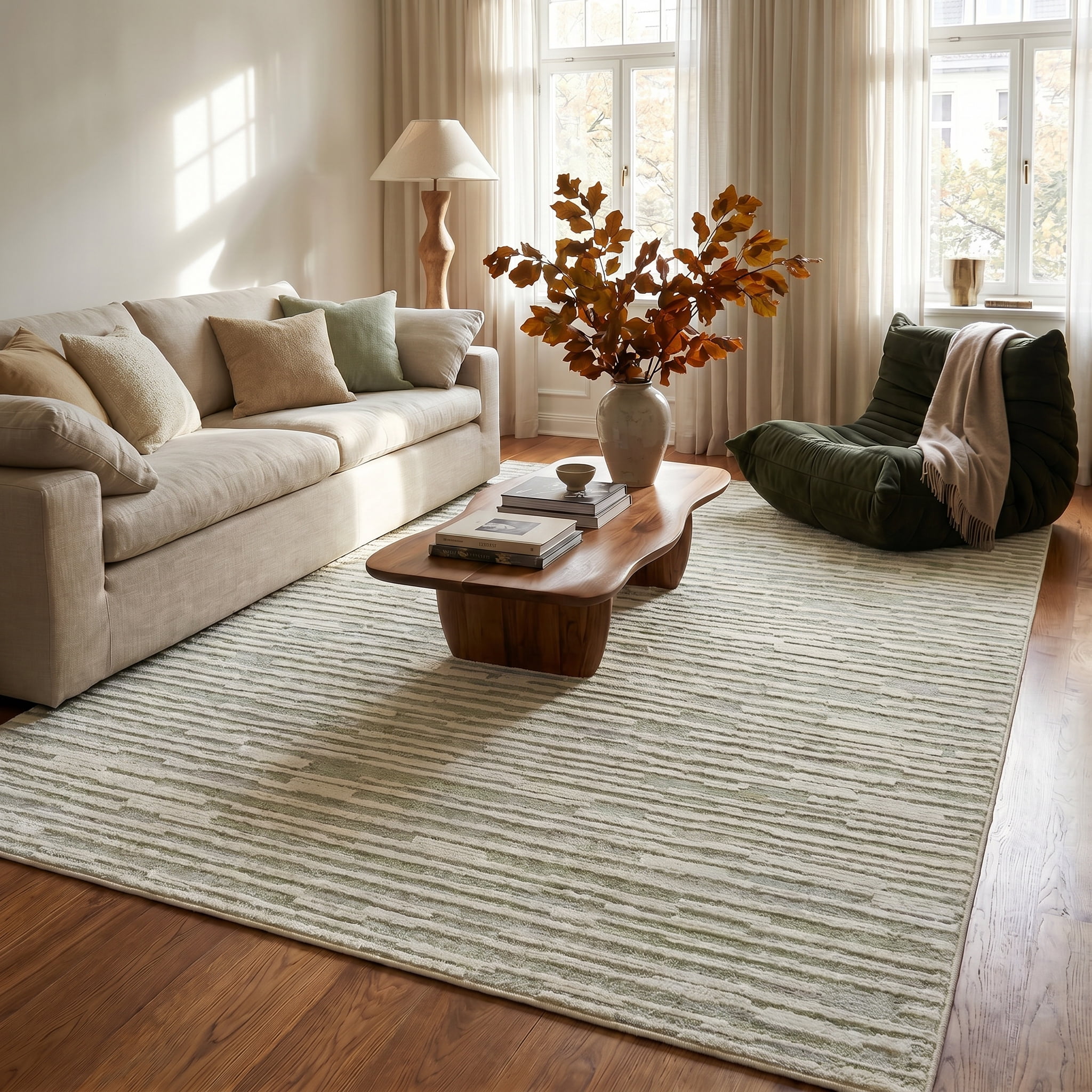 Tapis d'interieur abstrait Rug Branch Nomad, vert beige, moderne - Salon, chambre, salle a manger et cuisine