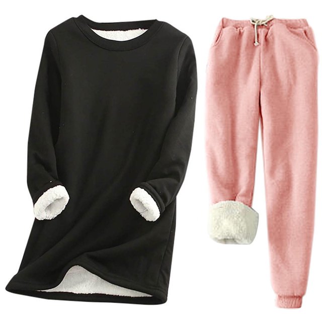 Pisexur Ensembles 2 Pcs pour Femmes Ensembles de Pyjama en Molleton Chaud pour Femmes 2 Pcs Chandail à Col Rond Pantalon de Pyjama Ample Vêtements de Détente Décontractés Tenues d'Hiver Surdimensionnées Grande Taille P-5TG