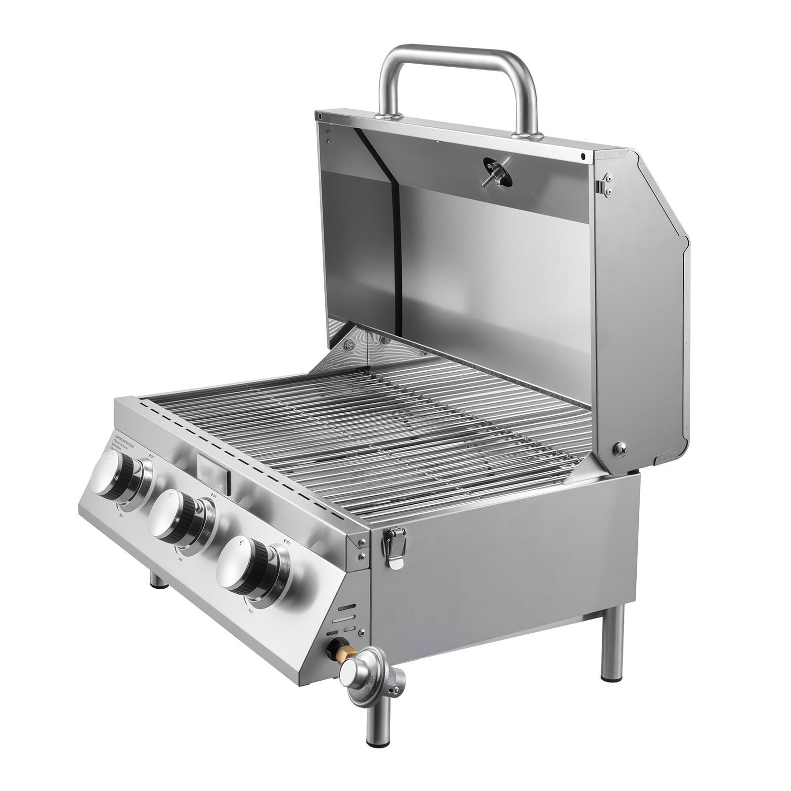KFFKFF Tabletop Gas Grill, 3-Burner Stainless Steel Portable Propane Grill, with Built-in Thermometer, Travel Locks, Weatherproof Lid