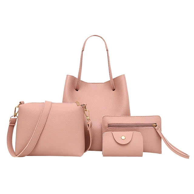 POINTERTECK 4Pcs Women Pattern Leather Handbag+Crossbody Bag+Messenger Bag+Card Package. This set includes a pink leather tote bag with a simple, stylish design, a matching crossbody bag with a gold-tone strap, a zippered clutch, and a cardholder with a snap closure. All items have a textured leather finish and are arranged on a white background.