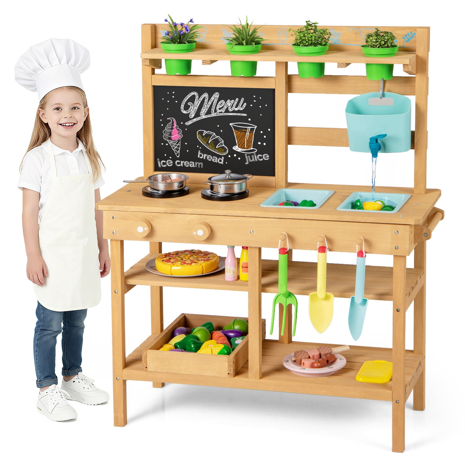 Costway Kids Mud Kitchen with Faucet Removable Sinks Chalkboard Stovetops Rotation Knobs