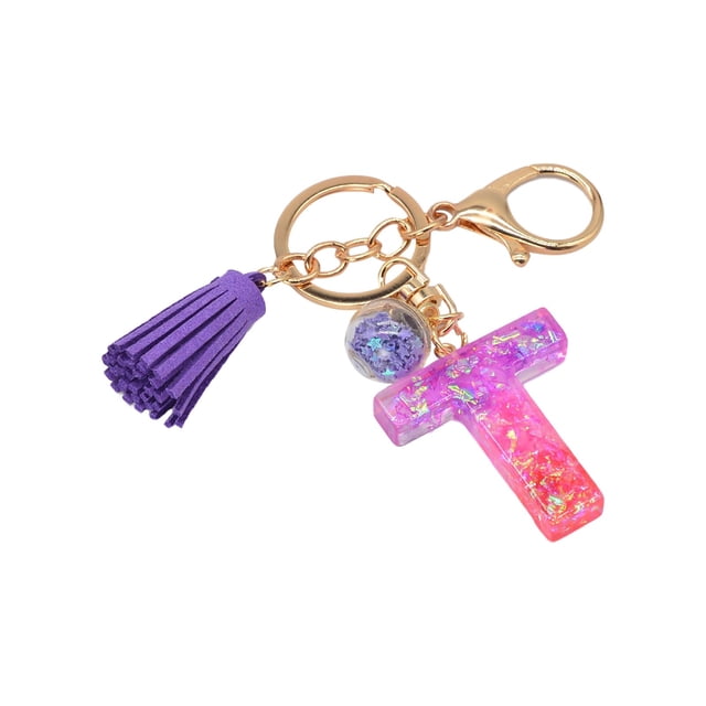 Hangs Pendant 2 Resin Glittering Letter Keychain with Color Stitching Flowing Design Purple Drop Glue English Character Key Chain