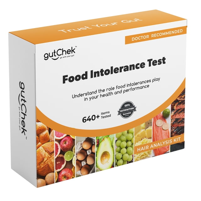 gutChek Food Intolerance Testing Kit, a home diagnostic tool for identifying food sensitivities and intolerances. The packaging highlights its ability to test over 640 items, including common allergens like gluten, dairy, and preservatives. The box features an orange and white design with images of various foods such as bread, fruits, eggs, avocado, and salmon, emphasizing its comprehensive testing range. Includes a hair analysis kit for non-invasive sample collection.